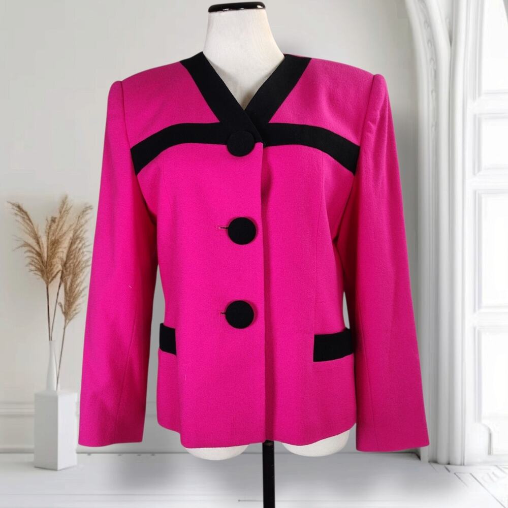Vintage Kasper ASL Wool Blazer Womens 14 Hot Pink Black Colorblock Statement